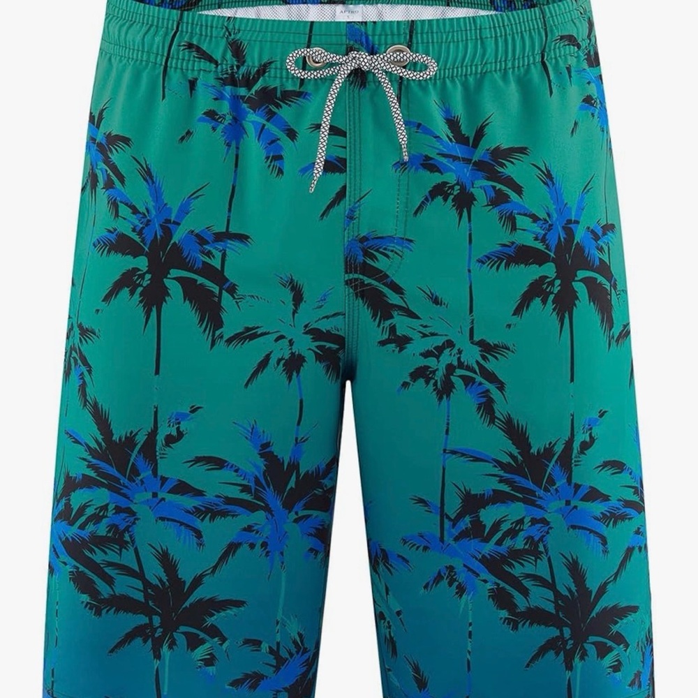 Men's Teal Palm-Print Swim Trunks with Drawstring